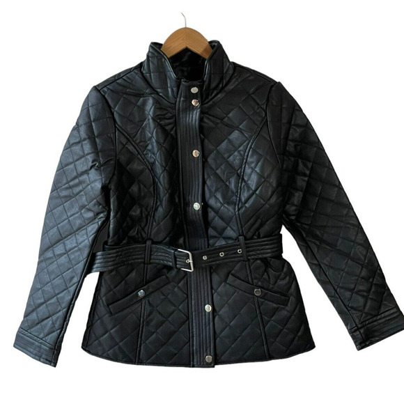 GUESS Women's Size L Black Quilted Belted Faux Leather Snap & Zip Coat - New